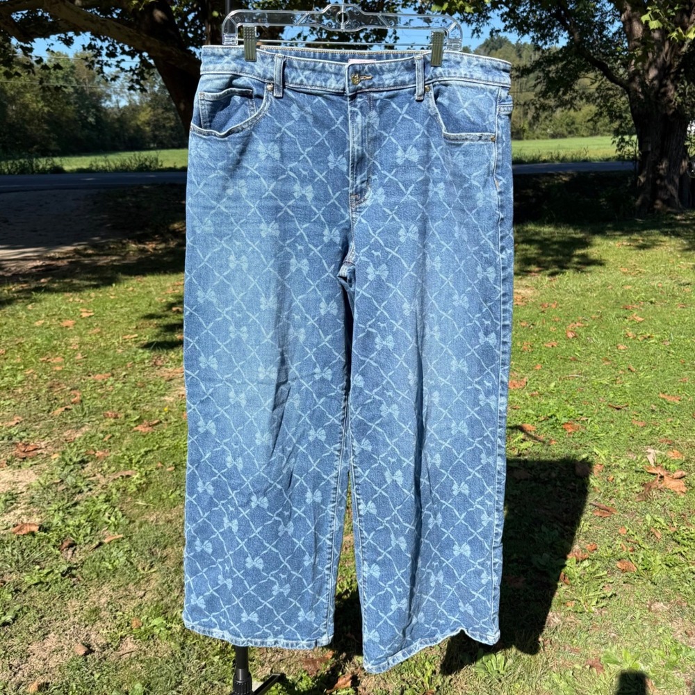 LoveShackFancy x PINK Victoria's Secret Bow Print Wide Leg Jeans Blue Size 16
